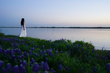 Woman standing in a field of blooming bluebonnet wildflowers at a park near Texas Hill Country during spring time