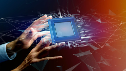 Poster - processor chip and network connection - 3d render