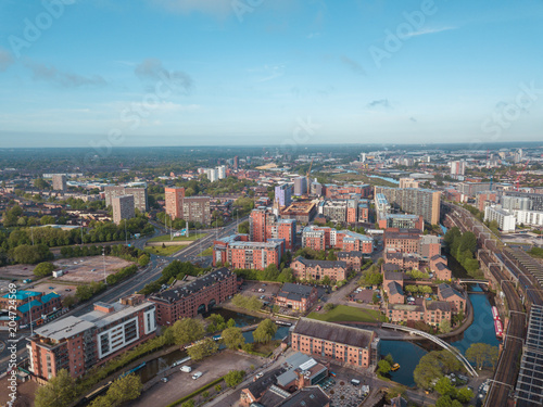 Fotomural Manchester City Centre Drone Aerial View Above Building Work Skyline Construction Blue Sky Summer Beetham Tower Deansgate