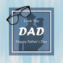 Father And Girl With Happy Father's Day Text Holiday Illustration, Blue Watercolor Background