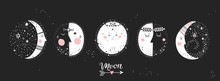 Moon Phases, Characters Image On Black Background. Hand Drawn Vector Illustration Of Cycle From New To Full Moon.Vector Illustration.