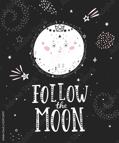 Foto-Schiebegardine mit Schienensystem - Follow the moon monochrome poster with full moon and hand drawn lettering. Vector illustration. (von tandav)