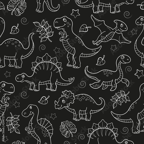 Stoffe zum Nähen Nahtlose Muster mit Dinosauriern und Blätter, konturierten Tiere auf dunklem Hintergrund