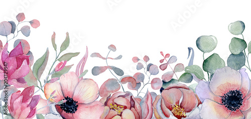 Foto-Schiebegardine Komplettsystem - Watercolor floral frame Hand drawn arrangemen with peonies and anemone flowers (von EvgeniiasArt)