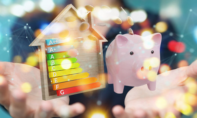Wall Mural - businesswoman saving money with good energy chart rating 3d rendering