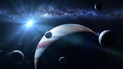 Wall Mural - planet jupiter with some of the 69 known moons lit by the sun and the milky way galaxy