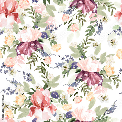 Beautiful watercolor pattern with peony, iris and roses flowers.