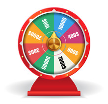 Colorful Wheel Of Luck With Money. Spinning Fortune Wheel, Las Vegas, Prize. Gambling Concept. Can Be Used For Greeting Cards, Posters, Leaflets And Brochure