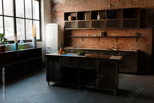 Modern Kitchen Interior With Red Brick Wall Big Window And Wooden