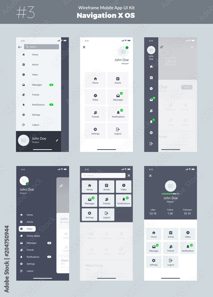 Wireframe kit for mobile phone X. Mobile App UI, UX design. New OS ...
