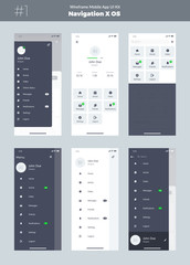 Wall Mural - Wireframe kit for mobile phone X. Mobile App UI, UX design. New OS Navigation. Menu screens: home, article, video, messages, friends, notifications, settings, logout, search.