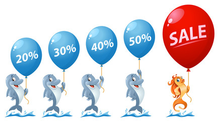 Wall Mural - Sale and discount percentages. Funny goldfish and dolphins holding balloons. Cartoon styled vector illustration.