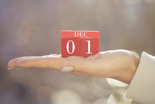 The Woman Is Holding A Red Wooden Calendar. Red Wooden Cube Shape Calendar For DEC 1 With Hand 