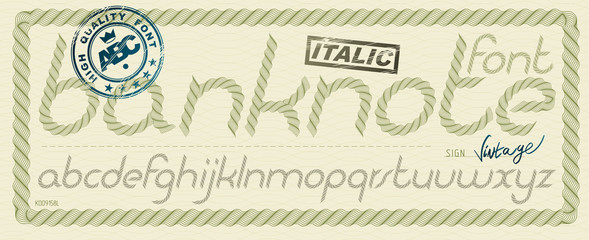 Poster - Vector italic lower case English alphabet letters collection created with guilloche ornate, art ribbon. For use as design elements for savings and loan company advertising.