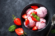 Strawberry Ice Cream On Black. Top View.