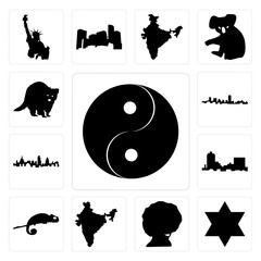 Wall Mural - Set of yin yang, star david, afro, india, chameleon, montana, london skyline, maryland outline, in black, raccoon icons