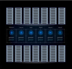 Poster - Server room, block chain texhnology, crypto currency mining, big data processing. computer online mining bitcoin concept. 
Bitcoin farm.