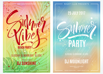 summer party posters. hand written lettering with exotic palm leaves and plants background. brush pa