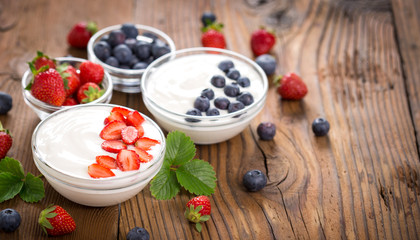 Wall Mural - Healthy breakfast fresh yogurt with berry fruits