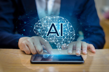 Poster - AI Hand Businesspeople press the phone. Brain Graphic Binary Blue Technolog