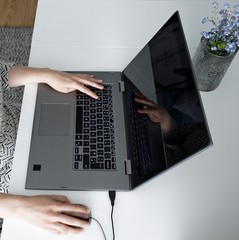 Wall Mural - Female hand on grey laptop computer keyboard and black mouse on white desk.