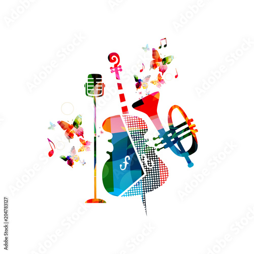 Dekoracja na wymiar  kolorowe-tlo-muzyczne-z-projektem-ilustracji-wektorowych-wiolonczela-trabka-i-mikrofon