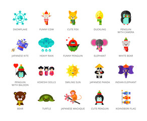 Sticker - Toys characters icons set with elephant, bear, penguin and fox. Twenty two multicolored vector illustrations