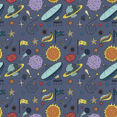 Wall Mural - seamless pattern with cosmos doodle illustrations.