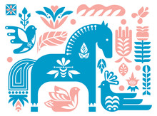 Swedish Dala Horse Pattern, Scandinavian Seamless Folk Art Design With Flowers