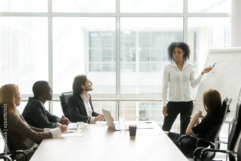 African american businesswoman giving presentation to executive team in meeting room, black business coach or employee working with flipchart reporting about work result, explaining new project idea - obrazy, fototapety, plakaty 