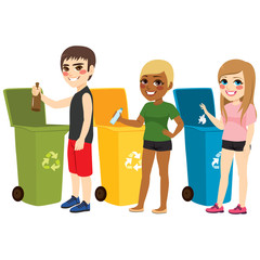 Young teenager boy and girls recycling waste sorting materials paper plastic and glass