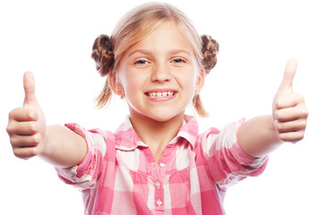 image of happy little girl child standing isolated over white background