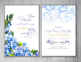 Wall Mural - Set of templates for greetings or invitations to the wedding.  Illustration by markers, beautiful composition of hydrangea and leaves. Imitation of watercolor drawing.