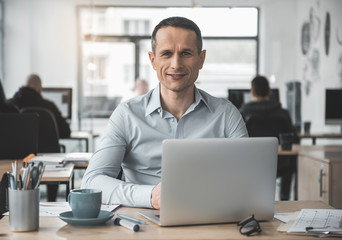 Poster - Cheerful male having job with digital device while locating at desk. Glad businessman using appliance concept