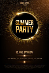 Wall Mural - Summer party vector poster template with shining golden rays and glitter on dark background.