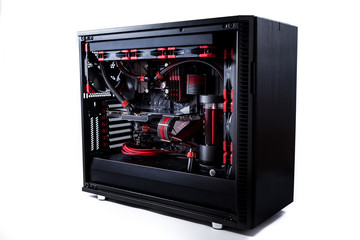 Poster - Open computer with water cooling system, processor, graphics card, motherboard fan Game console behind white background