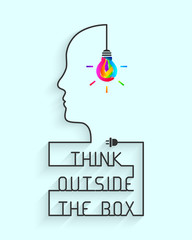 Think outside the box concept with saying and colorful lightbulb. Wire forming head profile silhouette.