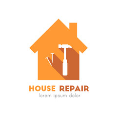 House repair logo with nail and hammer icons in flat design