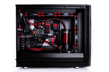 Poster - Open computer with water cooling system, processor, graphics card, motherboard fan Game console behind white background