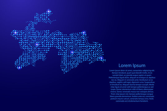 Map Tajikistan from printed board, chip and radio component with blue star space on the contour for banner, poster, greeting card. Computer electronics processor motherboard. Vector illustration.