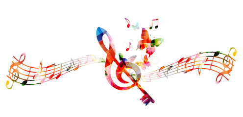  Music colorful background with G-clef and music notes vector illustration design. Music festival poster, creative music notes isolated