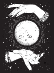 Wall Mural - hand drawn full moon with rays of light in hands of fortune teller line art and dot work. boho chic 