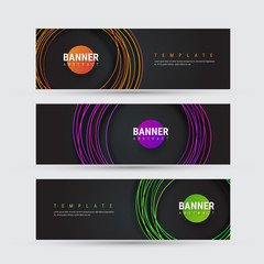 Poster - Template of black vector banner with round multicolored lines with shadow.