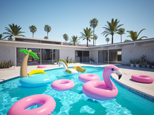 3D Rendering. A Lot Of Different Floats In A Pool