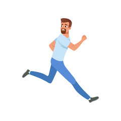 Canvas Print - Frightened bearded man running away looking back. Cartoon character of young guy with scared face expression. Flat vector design