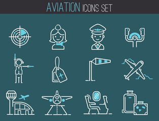 Poster - Aviation icons vector set airline outline graphic illustration flight airport transportation passenger design departure.