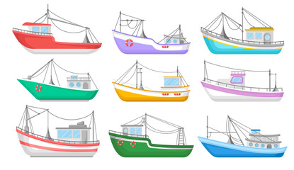 Wall Mural - flat vector set of colorful fishing boats. water transport. fishing trawlers. commercial marine vess