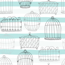 Seamless Pattern With Hand Drawn Birdcage. Vector Print