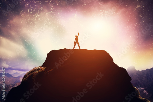 Fotomural Excited man standing on the peak of a mountain.