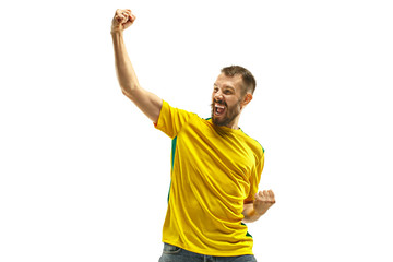 Brazilian fan celebrating on white background